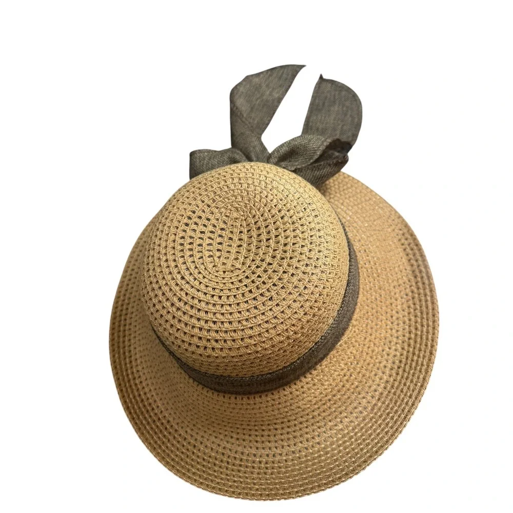 Woven Paper Straw Sun Hat with Large Olive Green Back Bow and Chin Strap